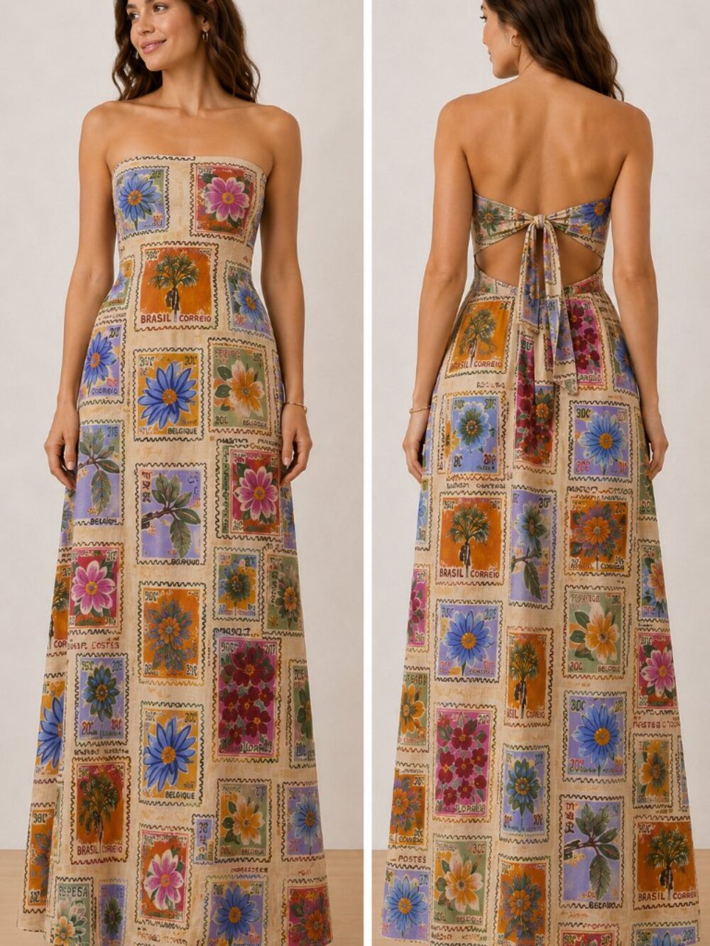 Paper Heart NWT Linen Blend Postage Stamp Floral Maxi Dress S Resort Boho 1441